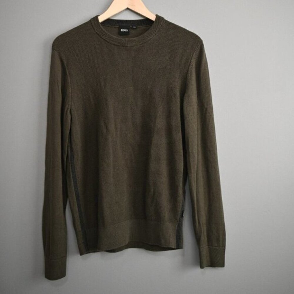 Boss Wool Blend Textured Front Crew Neck Pullover Sweater In Olive Green Size S
